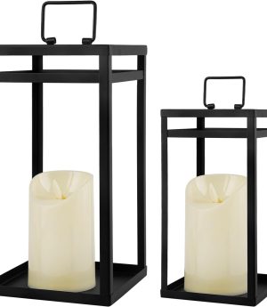 Modern Farmhouse Lantern Decor, 2Pcs Metal Candle Lanterns with Flameless Candles Black Decorative Lantern for Front Porch Covered Patio Dining Table Entryway Table Wedding Home Decor