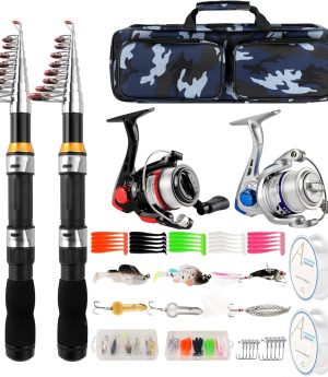 Telescopic Fishing Rod Reel Combo 2PCS 6.89FT Collapsible Fishing Pole Spinning Reel Lures Accessories with Fishing Bag Portable Fishing Rod Kit for Saltwater Freshwater Travel Fishermen Gift
